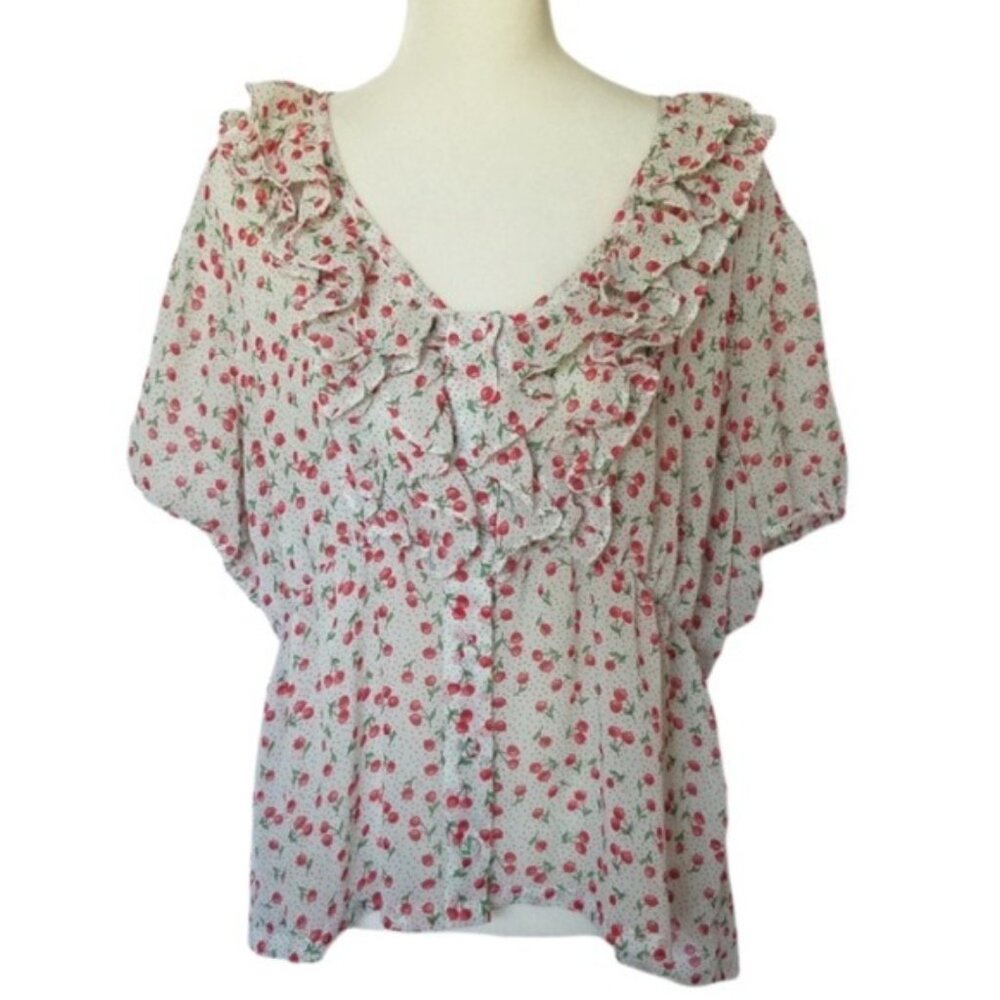 Rare Vintage Torrid Cherry Print Dress - Ruffled Puff Sleeves, Elastic Waist, 4X - Picture 1 of 7